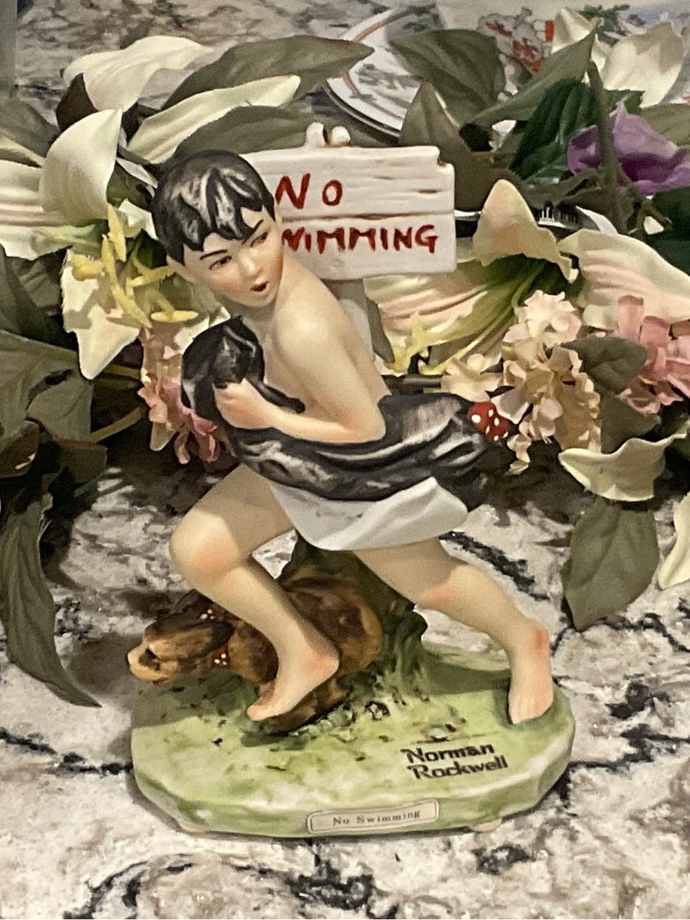 B-Norman Rockwell Style 'No Swimming' Porcelain Figurine 1973